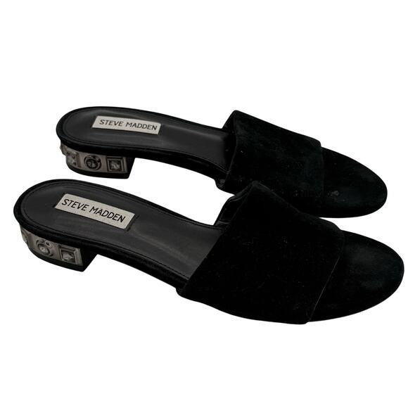 Steve Madden Black Suede Leather Costa Sandal Embellished Heel 8.5 - Picture 1 of 5